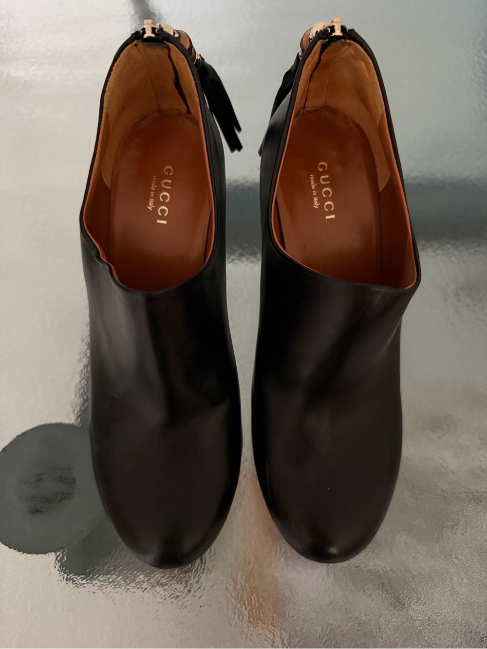 Gucci Black Leather Ankle Booties with Gold Heel Buckle size 7